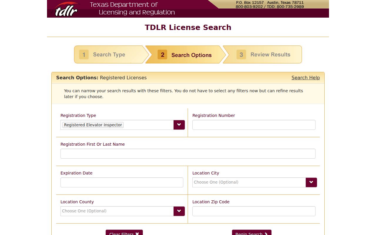 Plainview residents directory reference to Texas TDLR license search fields